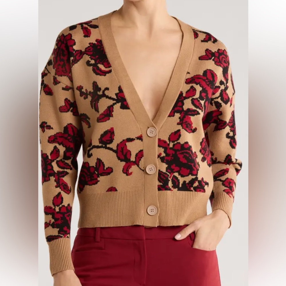 Tahari Tan and Red Floral Cardigan